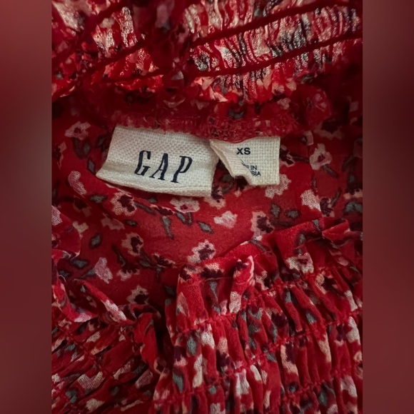 GAP Red & White Dainty Floral Chiffon Long Sleeve Mock Neck Ruffle Blouse XS - Picture 7 of 8